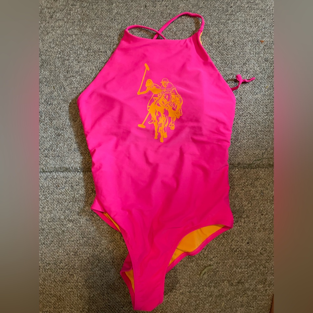 US Polo Assn Hot Pink One Piece Bathing Suit with Orange Size Large